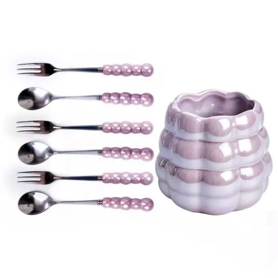 Набор десертных вилок и ложек на 3 персоны с подставкой из фарфора 7 предметов Фиолетовый HP-20-59
