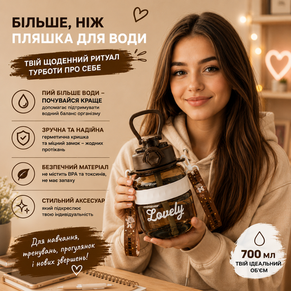 Бутылка для воды Lovely 700 мл с трубочкой и защитой от протечек, Коричневая (BPA Free) | Зображення 8