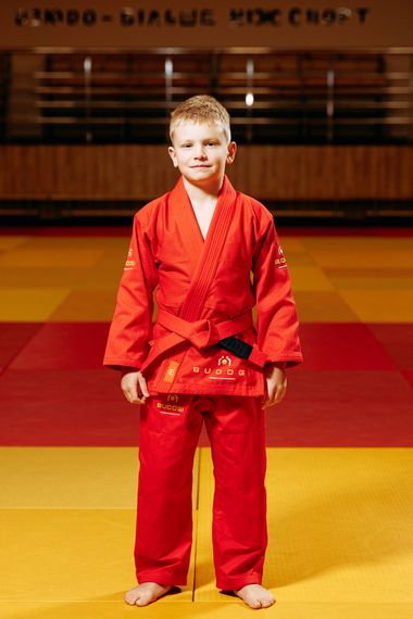 Червоне дитяче кімоно для хлопчиків, грепплінг, TM BUDOGI, зріст 130 см, щільність 350 гр/м.кв.