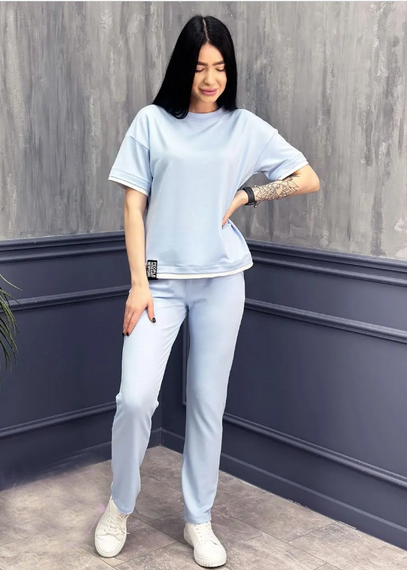 Женский летний спортивный прогулочный костюм футболка + штаны GF07925 размер 46/48, цвет голубой | Зображення 2