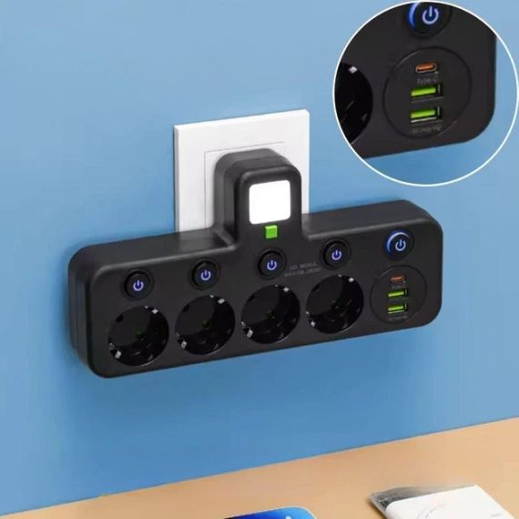 Мережевий фільтр — четверник із портами USB, Type-C і підсвіткою Cargar перехідник на 4 розетки з вимикачами, чорний | Зображення 1