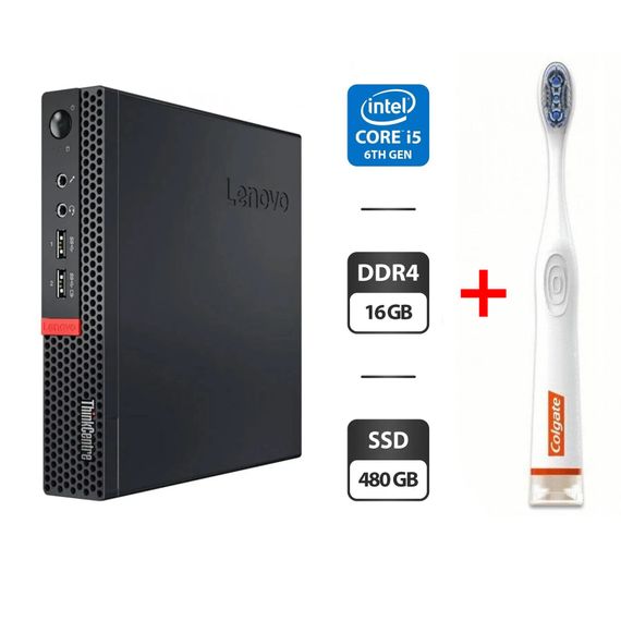 Неттоп Lenovo ThinkCentre M710q Tiny USFF / Intel Core i5-6500T (4 ядра по 2.5 - 3.1 GHz) / 16 GB DDR4 / 480 GB SSD / Intel HD Graphics 530 / Блок питания б/у + Подарок  Умная интерактивная зубная щетка Colgate Connect M1 / Bluetooth