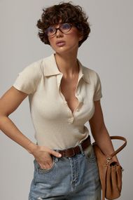 Однотонна в'язана футболка-поло - бежевий цвет, ONE SIZE (є розміри)
