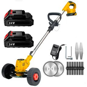 Набор аккумуляторная коса для травы с 2 АКБ 24v / Газонокосилка-триммер с колесами и насадками Желтый