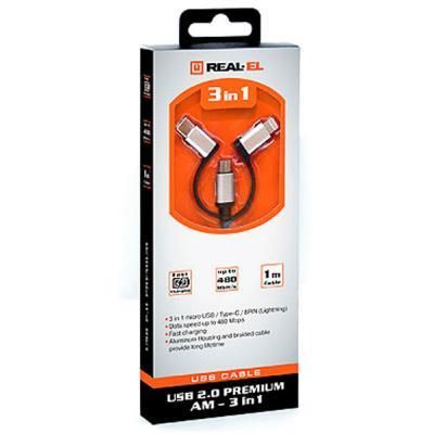 Дата кабель USB 2.0 AM to 3in1 1.0m Premium black REAL-EL (EL123500035) | Зображення 2