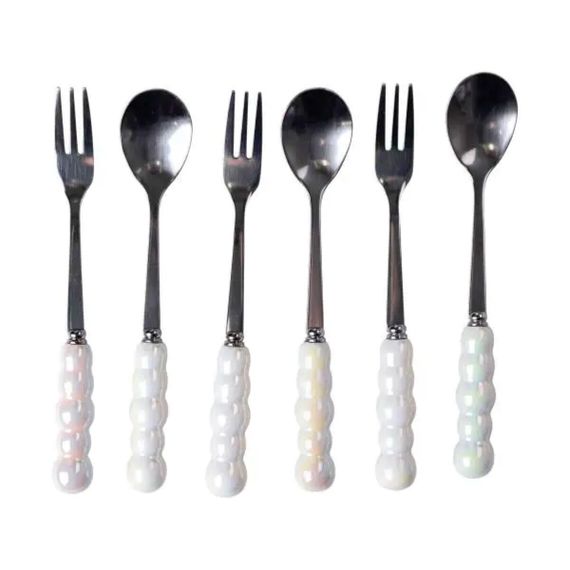 Набор вилок и ложек десертных на 3 персоны с подставкой из фарфора 7 предметов Перламутровый HP-20-62 | Зображення 3