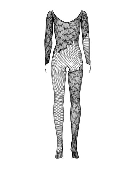 Бодістокінг Obsessive Bodystocking F210 black, рукава-мітенки, сітка, кольорове мереживо, S/M/L