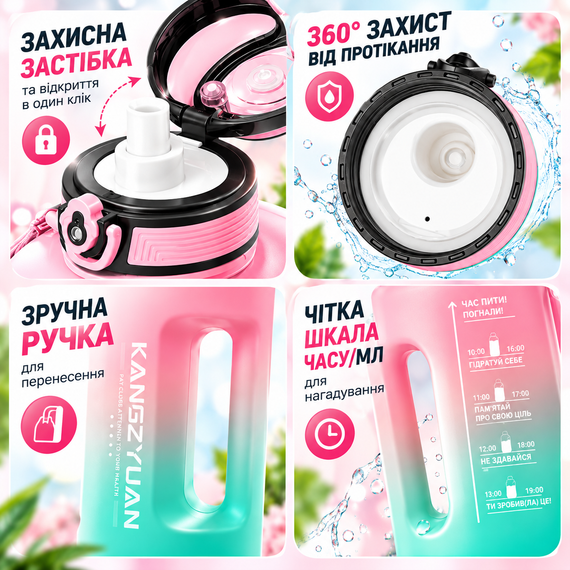 Эко-бутылка для воды KANGZYUAN 2500 мл розовая, спортивная бутылка из Tritan, ударопрочная, с ручкой, трубочкой и ремешком | Зображення 4