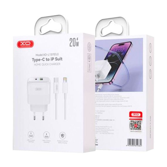 Мережевий Зарядний Пристрій XO L137 1USB-C/1USB PD/QC 20W+Type-C to Lightning Колір Білий | Зображення 2