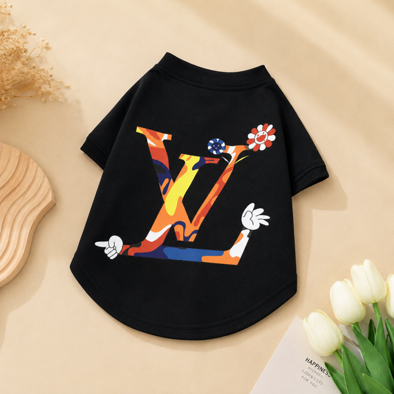 Брендовая футболка для собак и котов Louis Vuitton LV Cartoon Black Стильная черная одежда для питомцев | Зображення 1