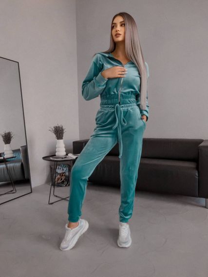 Женский спортивный велюровый костюм с укороченной кофтой LM10364 цвет бирюзовый, размер 42/44 | Зображення 1