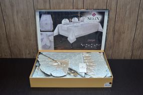 Велюровая скатерть с ранером  Selin Derya Set 160×350+12 серветок Бежевый