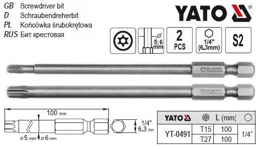 Набор насадка отвертки бита TORX SECURITY T15/T27х100мм YATO YT-0491 | Зображення 3