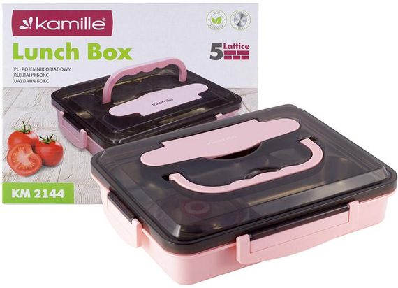 Ланч-бокс Kamille Snack 1000мл на 5 секцій, пластик і нержавіюча сталь, рожевий | Зображення 1