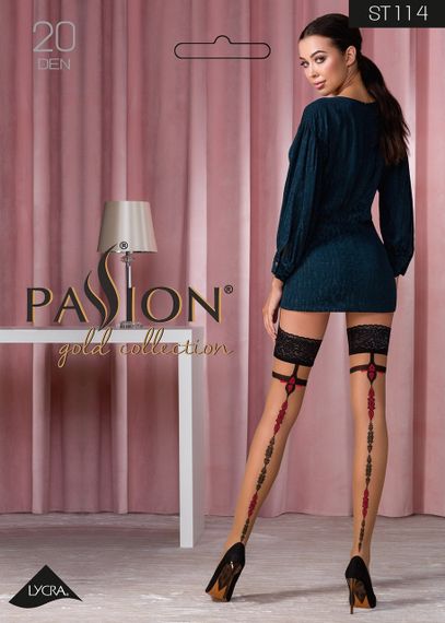 Мереживні панчохи ST114 бежеві з чорно-червоним візерунком, 5 (20 den) - Passion sexstyle | Зображення 5