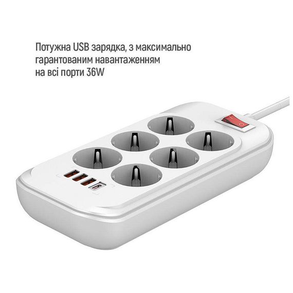 Мережевий фільтр живлення ColorWay CW-CHE64PDW, 6 розеток/4USB 2M (CW-CHE64PDW) | Зображення 4