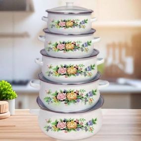 Набір емальованих каструль 10 предметів з кришками Zepline ZP-321 (помаранчева та рожева квітка) Білий