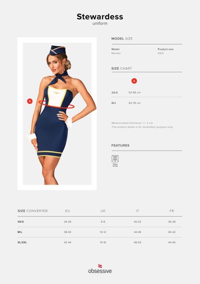 Еротичний костюм стюардеси Obsessive Stewardess uniform XS/S, blue, сукня, пілотка, шарф, манжети sexstyle | Зображення 4