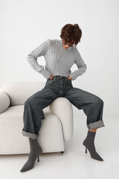 Короткий в’язаний светр з косичками - сірий цвет, ONE SIZE (є розміри) | Зображення 2