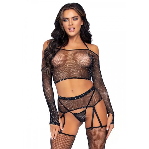 Комплект зі стразами з поясом для панчіх Leg Avenue 4Pc bra set with garterbelt O/S | Зображення 2