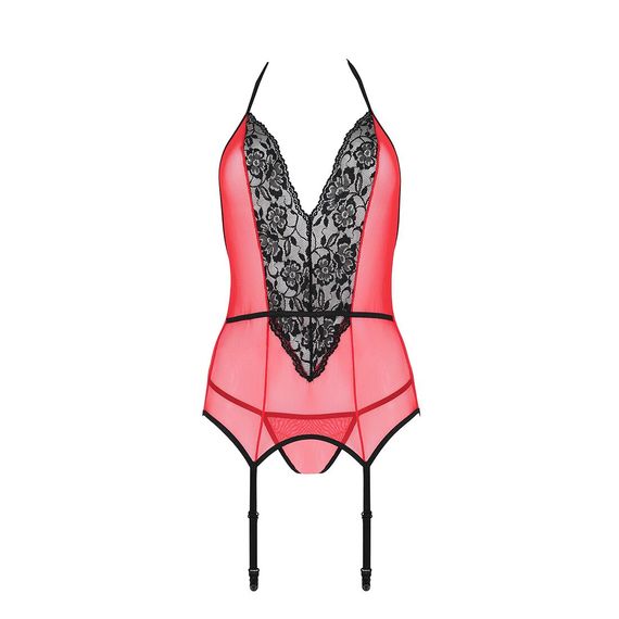 Корсет з пажами для панчіх Passion PEONIA CORSET S/M red, стрінги | Зображення 3
