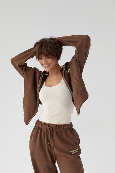 Утеплений спортивний костюм із худі та прямими штанами - коричневий цвет, M/L (є розміри) | Зображення 2