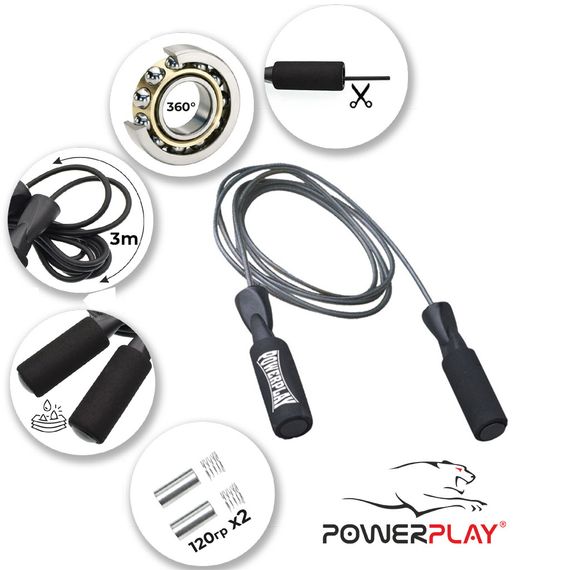 Скакалка швидкісна PowerPlay 4211 X ROPE з обтяжувачами (120г*2) Чорна (3м.) | Зображення 1