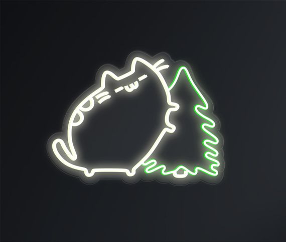 Неоновый светильник кот Пушин с елкой 300х400 acr-n000075