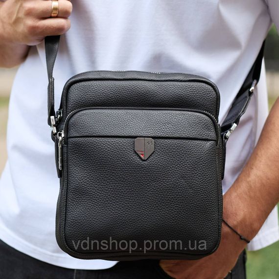 Чоловіча шкіряна сумка-барсетка 24х20х8, компактна сумочка на плече для чоловіка, наплічний месенджер, чорна