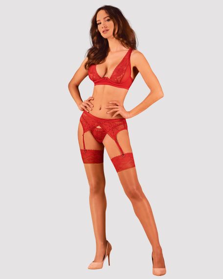 Комплект с поясом для чулок Obsessive Lacelove set Красный XL/2XL | Зображення 4