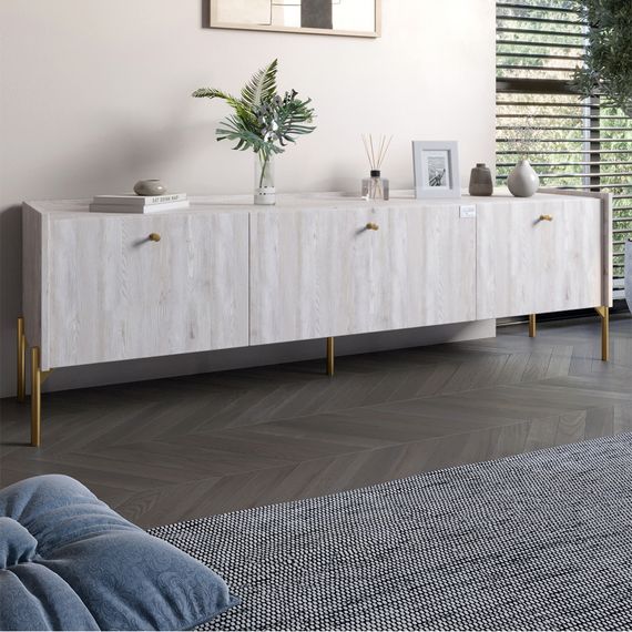 Тумба під телевізор на 3 шухляди LION Wood з золотими ніжками 160х65х40 см Самоа Димчастий (LION-042999)
