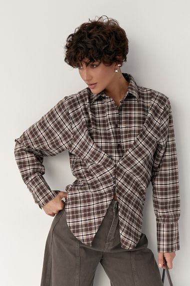 Сорочка в клітинку з акцентом на талію - коричневий цвет, L (є розміри)