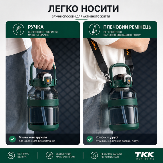 Спортивная бутылка TKK (2000 мл) - Полупрозрачный зеленый Tritan BPA-free, с мощной ручкой и кнопкой-фиксатором | Зображення 5