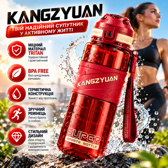 Спортивная бутылка KANGZYUAN 1000 мл красная Tritan BPA-free, ударопрочная эко-бутылка с ситечком и ремешком | Зображення 7