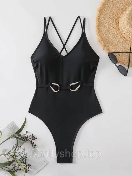 Цельный слитный женский купальник на тонких бретелях с поясом, Mbk262, цвет черный, размер S | Зображення 6