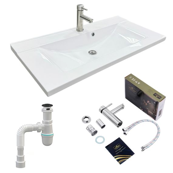 Раковина накладна Adamant QUANTO 90, прямокутна, з сифоном Click-Clack + змішувач (4824296208301)