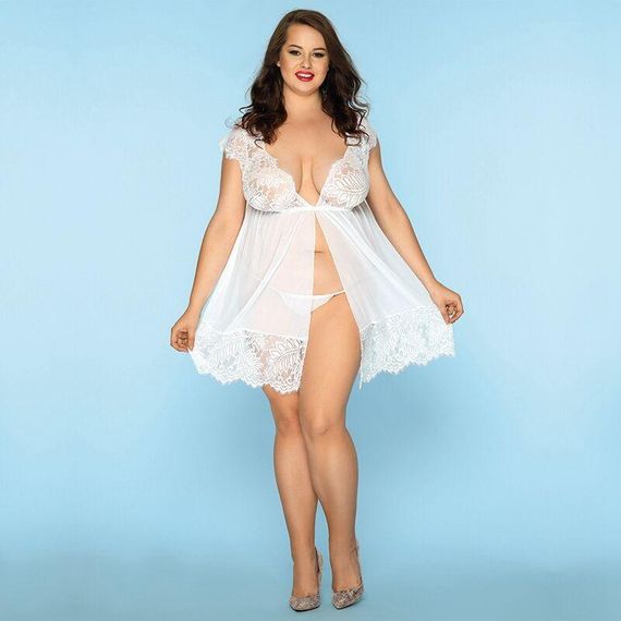 Сексуальний пеньюар JSY «Чуттєва Люсі» Plus Size, White, мереживо, дрібна сітка, стрінги Sex Aura