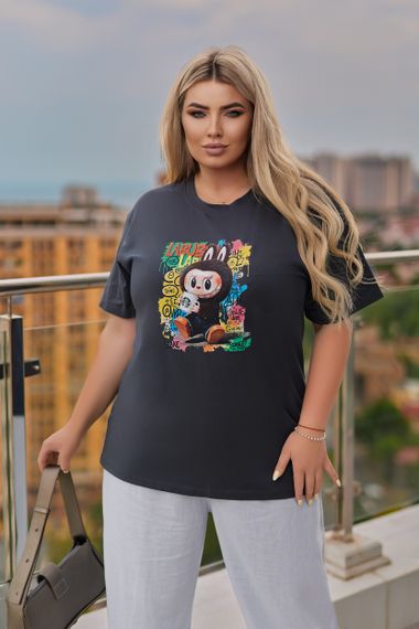 Жіноча футболка з принтом Labubu колір темно-сірий, розмір 50/52, GF05257