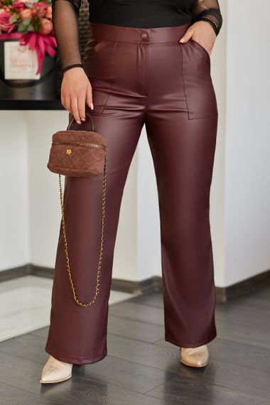 Женские кожаные классические прямые брюки больших размеров Gf1719 цвет бордовый, размер 50 | Зображення 2