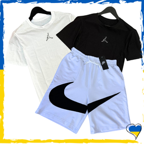 Комплект шорти Nike Big Swoosh + футболка Jordan біла та чорна. XS S M L XL XXL ( 2 футболки)