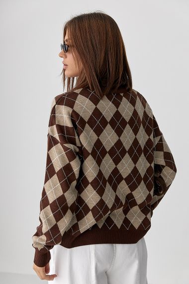 Вільний светр-поло з ромбами - коричневий цвет, ONE SIZE (є розміри) | Зображення 1