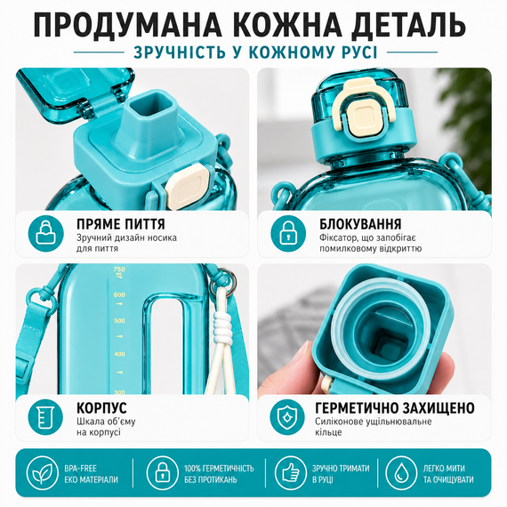 Еко - пляшка для води 750 мл бірюзова, BPA-free з ремінцем та мірною шкалою | Зображення 5