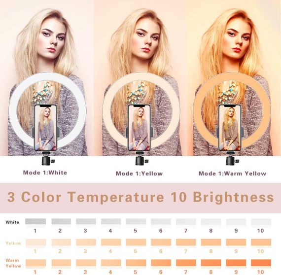 Кольцевая лампа со штативом и держателем телефона, светодиодный LED светильник для макияжа, трансляций, видео | Зображення 1
