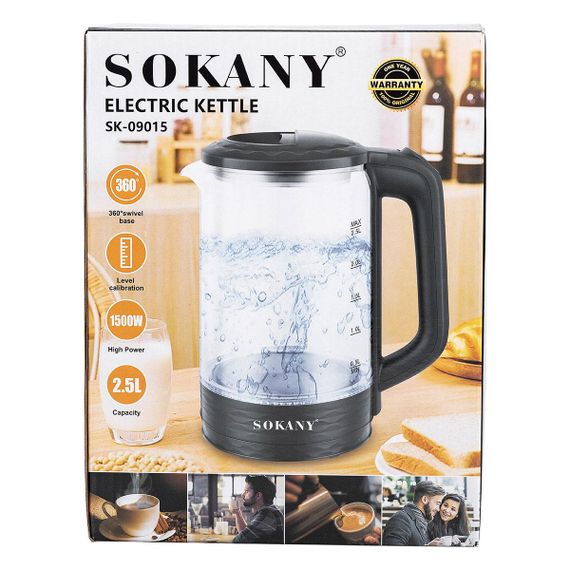 Електричний скляний чайник 2,5 л Sokany чайник дисковий для дому 1500 Вт | Зображення 7