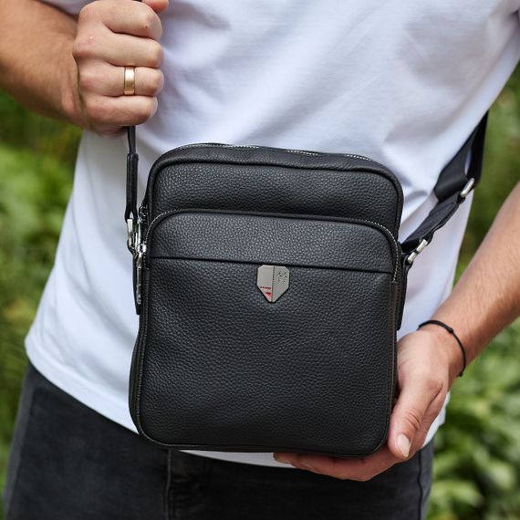 Чоловіча шкіряна сумка-барсетка 24х20х8, компактна сумочка на плече для чоловіка, наплічний месенджер, чорна | Зображення 7