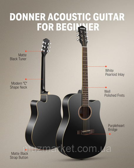 Акустична гітара Donner Acoustic Guitar Cutaway Black (Комплект) | Зображення 1