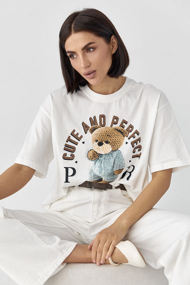 Oversize футболка з принтом ведмедика - білий цвет, ONE SIZE (є розміри) | Зображення 4