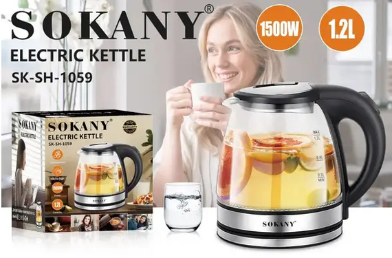Скляний електрочайник 1500Вт Sokany SK-SH-1059, чайник із підсвічуванням на 1.2 л. | Зображення 3