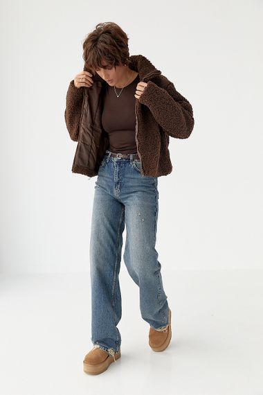 Жіночий кардиган із хутра Тедді на блискавці - темно-коричневий цвет, S (є розміри) | Зображення 2