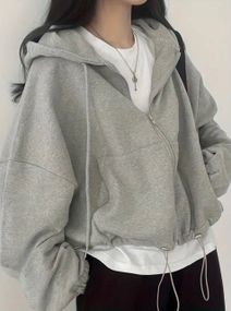 Женское укороченное худи оверсайз на молнии с капюшоном цвет серый размер 42/48  HI2731